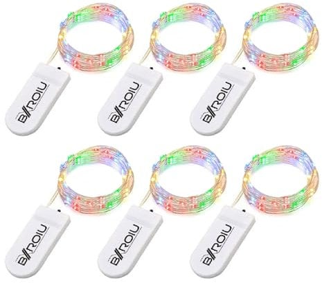 BXROIU 20er Micro LED Lichterkette mit CR2032 Batterie betrieb Auf 2 Meter Silberdraht für Party, Garten, Weihnachten, Halloween, Hochzeit, Beleuchtung Deko (Mehrfarbig, 6 Stück)