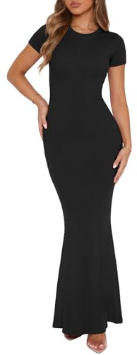 REORIA Women's Summer Sexy Casual Lounge Long Dress Elegant Wedding Guest Short Sleeve Crew Neck Bodycon Maxi Dresses Black Medium