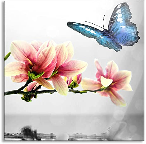 Pixxprint Glasbild, Wandbild auf Echtglas, Schmetterling mit Magnolien-Blüte, 40x40 cm, inkl. Aufhängung und Abstandshalter