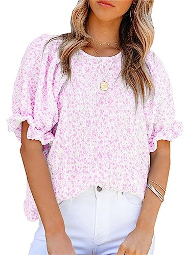 Tomwell Chemisier Femme Col Rond Floral Imprimé Blouse Vintage Haut à Manches Courtes Boho Tunique Ample Mousseline de Soie T-Shirt Femme Élégant Tops Décontracté Sweat A Rose M