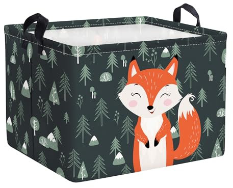 Clastyle Cartoon Lächeln Rot Fuchs Aufbewahrungskorb für Babyzimmer Baum Blätter Blau Wasserdicht Rechteckig Stoff Regalkörbe Kleidung Spielzeug Kinder Aufbewahrungsbox, 40x30x30 cm