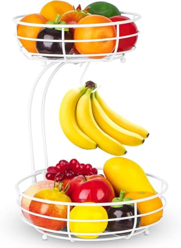 Bomclap Cesta de frutas con soporte para plátanos – 2 pisos Frutero de metal – Cocina Extraíble Frutero Soporte de pie – Moderna cesta decorativa para verduras – Blanco