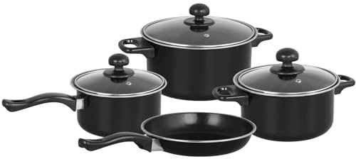 Gr8 Home 7 Piece Non Stick Kitchen Cookware Set Cooking Pot Frying Pan Saucepan with Glass Lids (Black)