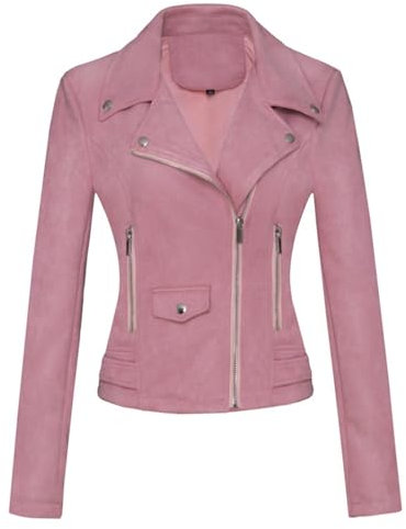 ANUFER Femmes Simili Cuir Suédé Veste de Motard Refroidir Fermeture éclair Croisée Manteau Court SD5A1212 Rose S