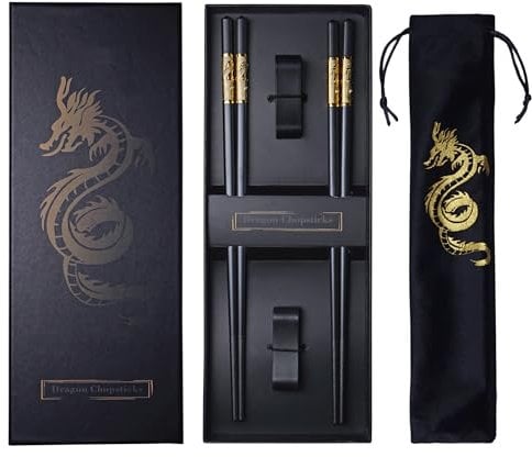 Baguettes Réutilisables Chinois Dragon Baguettes avec Support et sac à Main Chine Traditionnelle Mode Cadeau Set Lave-Vaisselle Coffre-Fort (2 Paires-Dragon)