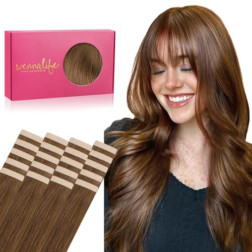 WENNALIFE Tape in Haarverlängerungen Echthaar, 20pcs 50g 14 Zoll hellbraun Remy Haarverlängerungen gerade Echthaar Tape in Extensions Haut Schuss Tape Extensions Echthaar