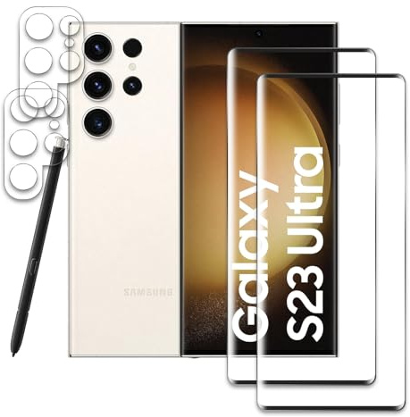 [2+2 Piezas] Protector de Pantalla para Samsung Galaxy S23 Ultra, con Protector de Lente de cámara Funda Amistoso, Dureza 9H Cristal Vidrio Templado, Anti-Arañazo, HD 3D Cobertura Completa