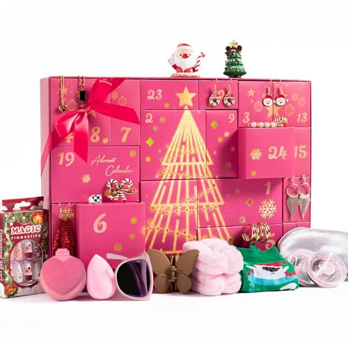 MH MYLUNE HOME Schmuck Adventskalender 2024 Ohrringe Halskette Fingerring Künstliche Nägel Weihnachtskalender 2024 Weihnachtsgeschenke Geschenke für Frauen Damen Teenager Mädchen