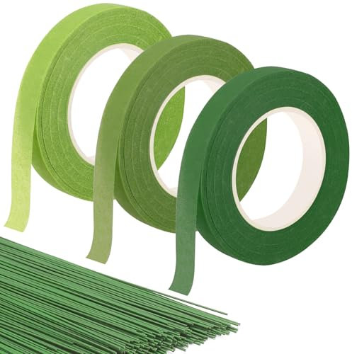 3 Rollos de Cintas Florales Cinta de Floristería Verde Adhesiva Cinta de Tallo Floral 100 Piezas de Alambre de Tallo Floral para Decoraciones de Ramo Manualidades (27m/Rollo)
