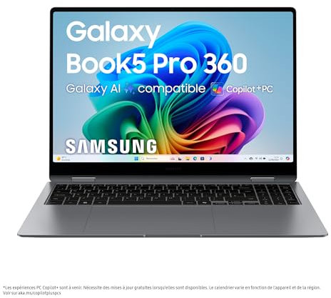 Samsung Galaxy Book5 Pro 360 16, Copilot+ PC, Ordinateur Portable avec IA, Processeur Intel Core Ultra 7, Mémoire 16 Go RAM, Stockage 512 Go, Clavier AZERTY Fr, Anthracite