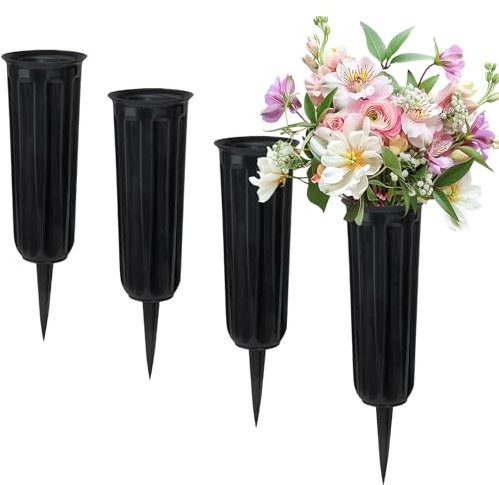 4 Stück Grab Vasen mit Spikes, Kunststoff Blumenhalter für Friedhof, Blumenvase Grab Dekorationen für Friedhof Grabstein Grabseite (Schwarz)