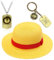 3PCS Anime ombrero de paja amarillo,One P. Collar Llavero,Sombrero paja sombrero de sol,One P.Collar Colgante Llavero,Cospaly Disfraz,Fiesta Hombres y Mujeres Playa Sol Sombrero de Paja (D-31CM)