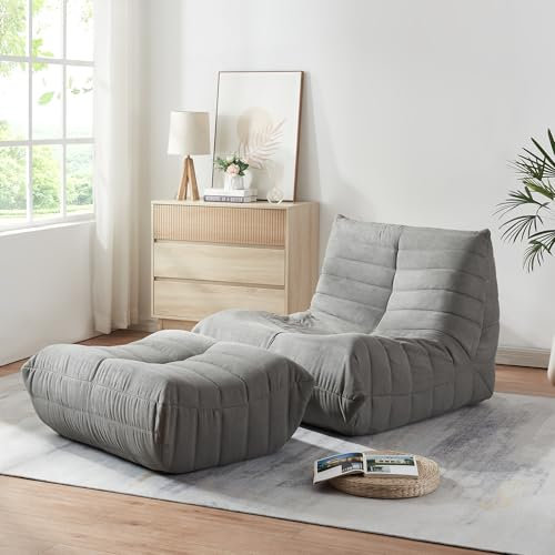 [en.casa] Bodensessel mit Fußhocker Kodsø Mikrofaser Grau Bodenstuhl mit Rückenlehne und Sitzhocker Lesesessel mit Pouf Bodensofa gepolstert Sitzsack Ottomane 75 x 90 x 100 cm Relaxsessel