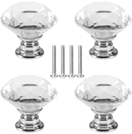 FNSIGHD 4 pcs Crystal Door Knobs,Silver Glass Door,Plastics Crystal Handles for Drawers,with ScrewCrystal Drawer Knobs,Small Diamond Handles,for Cupboards Wardrobes Home Decoration