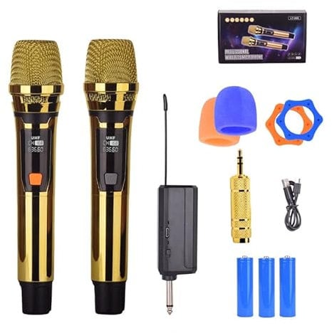 Handheld Wireless Microphone, Rechargeable UHF Microphone, Plating18K Gold 2 MIC,Handheld Dynamic Wireless Mic for Large Stage Singing Karaoke Wedding DJ Party Speech Church Class Use PA System