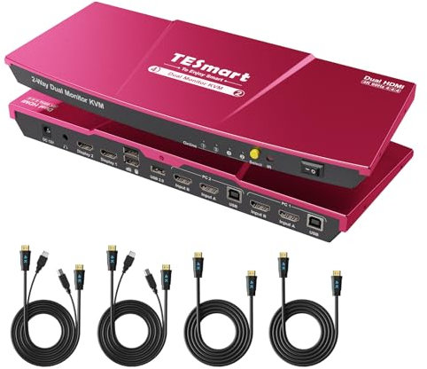 TESmart 4K@60Hz KVM Switch HKS202-Elite für 2 Monitor 2 PC, HDMI KVM Schalter Dual Monitorm, EDID, Kabel, Hotkey, Tastenumschaltung, HDCP 2.2, Kvm-Umschalter mit Audio USB Port, Extended Display