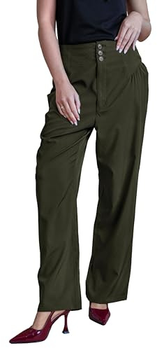 Enorsia Women's High-Waisted Straight Leg Trousers Relaxed Fit Pleated Detail Horn-Button & Zip Fly Closure Comfortable Wide Leg Pants