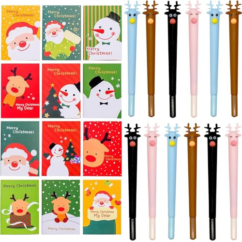 24 Stück Gelschreiber Mini Notizblock Weihnachten Set | 12 Weihnachtsgel Tinte Stifte Cartoon,12Mini Weihnachts Notizbuch,Weihnachts Gelschreiber Set,Mini Notizblöcke Weihnachten