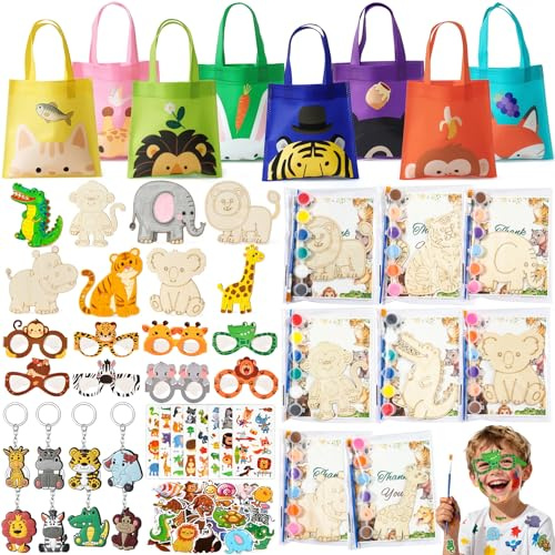 112Pcs Animali Gadget Compleanno Bambini Kit 8 Forme di Animali in Legno da Dipingere Portachiavi Animali Carte Animali Occhiali di Carta Tema Giungla Borse in Tela Tattoo Creativo per Bambini