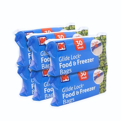 Kordis 180 Glide Lock Zip Lock Freezer Bags, Small Food Storage Bags | Slide Zip Seal, Transparent, Write-On Label Area, Food and Freezer Safe, Leak Resistant, 6 Packs of 30 - 17 x 19cm