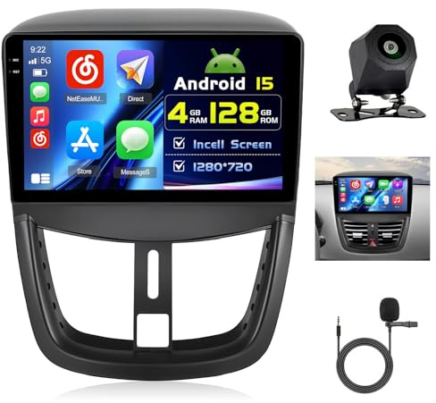 Hikity 4+128G 9 Android Autoradio für Peugeot 207 2006-2015 | Incell Touchscreen Wireless Carplay Autoradio 2 DIN GPS Navi Bluetooth 5.0 WiFi FM/RDS Rückfahrkamera EQ 4+128G