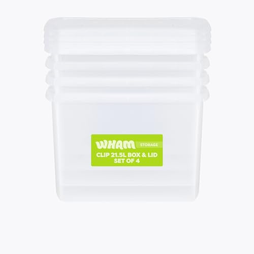 Wham Clip 4 x 21.5L Rectangular Stackable Plastic Storage Boxes with Lids | Ideal for Home, Office, Toys & More | Storage Containers with Clip Locks | Made in UK - Clear/Clear