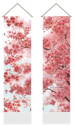 AHANDMAKER 2 Stück Wandteppich Mit Kirschblütenmuster Rosa Floral Frühlingshaft Mit Quasten Japanische Asiatische Wandkunst Für Zuhause Und Büro 1.16x0.33 m