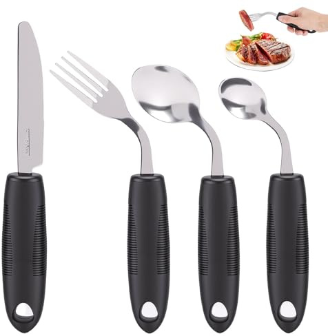 4-Teilig Parkinson Besteck Set, Schwarz | 45° Winkel, Griffverdickung, Löffel, Gabel, Rutschfeste Griffe