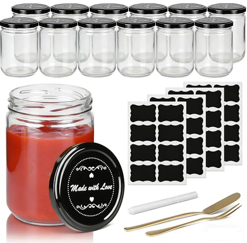 Verdego 12 Stück Marmeladengläser 240ml, Einmachgläser mit Schwarz Schraubdeckel, Obstgabel, Streichmesser, Etiketten, Stift, Schraubgläser, Einkochgläser für Marmelade, Eingemachtes, Joghurt, Honig