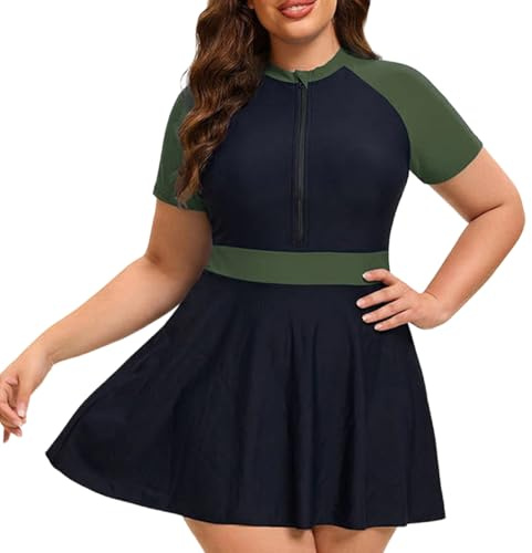 Generisch Conjunto de traje de baño Rashguard de dos piezas para mujer, talla grande, vestido de baño de manga corta con cremallera y pantalones cortos, verde, 5XL