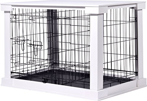 dobar® Design Hundekäfig aus Holz Gr. M - Hundebox mit Tischoberfläche - Hundehütte für den Innenbereich - Hundehaus Massivholz - Couchtisch - 83 x 55 x 59 cm - Weiß
