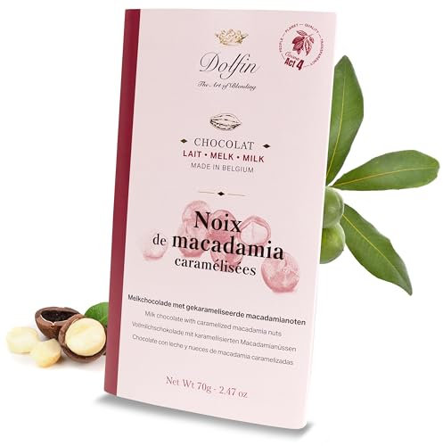 Dolfin Chocolat au Lait & Noix de Macadamia Caramélisées - Chocolat Tablette Riche & Crémeux, Morceaux Noix Croquantes - Idée Cadeau & Friandises - Sans Arômes Artificiels - Fait en Belgique, 70g