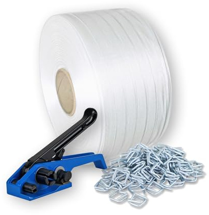 Umreifungsband Set | 13mm Umreifungsband Hotmelt | 500 x Drahtverschlussklemmen | 1 Umreifungsgerät | Für Ladungssicherung und Palettierung schwerer Güter mit Spanngerät | alles im Umreifungsset