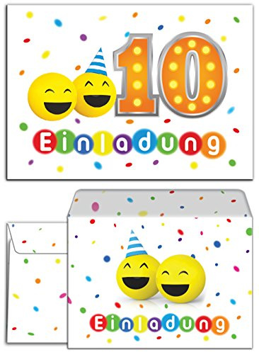 JuNa-Experten 10 Einladungskarten incl. 10 Umschläge zum 10. Geburtstag lustige Party-Bälle für Mädchen und Jungen/Bunte und Lustige Einladungen zum zehnten Geburtstag für Kinder/bunt Konfetti