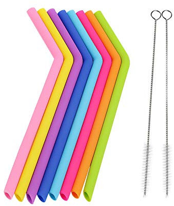 AKOAK Pajitas de silicona reutilizables, sin BPA, extralargas, flexibles, curvadas, para vasos de 30 a 20 onzas, Rtic, Yeti, paquete de 8 + 2 cepillos