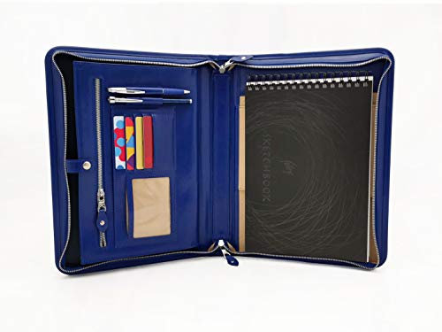 Noda Executive Leder-Portfolio, professionelles Business-Padfolio mit Reißverschluss, Planer, Organizer, Dokumenten-Organizer, Herren-Schreibmappe, blau
