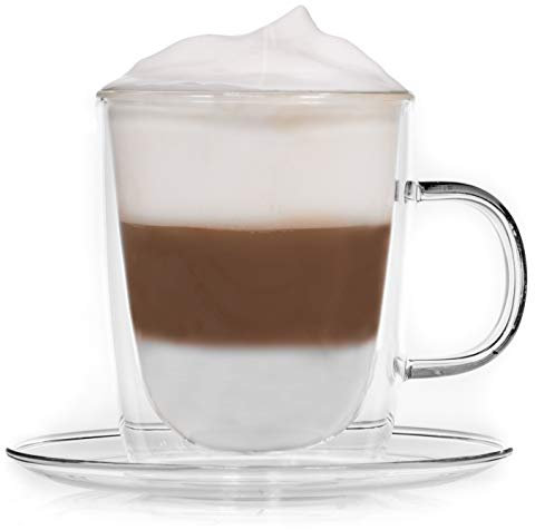 Snobby® Teegläser doppelwandig (1x360ml) mit Henkel und Untersetzer- Glühweinbecher, Teetassen, doppelwandige Teegläser mit Henkel, Punschgläser, Thermogläser, Teetasse Glas Grog Gläser Glühweingläser