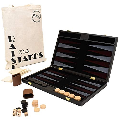 Big Game Hunters Backgammon-Set mit tragbarem, faltbarem Holzbrett und Baumwoll-Tragetasche für 2 Spieler ab 3 Jahren