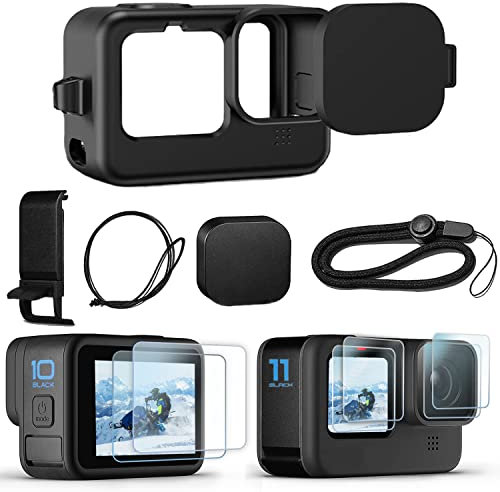 OKFUN Kit di accessori per Go Pro Hero 12/11/10/9 Custodia protettiva in silicone nero con copriobiettivo in gomma + protezione schermo + coperchio laterale batteria + copriobiettivo