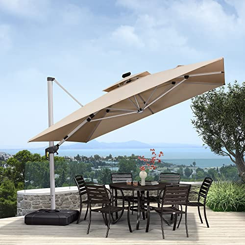 PURPLE LEAF Parasol De Jardin Extérieur 3,3 x 3,3 m avec LED, Parasol Déporté Toit à Double Rotatif 360°, Parasol Excentré Inclinable, Parasol Terrasse Extérieur, Beige
