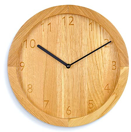 Natuhr Massivholz Wanduhr Bold Modern - große 30 cm Holzuhr rustikal Eiche geölt (Funk-Uhrwerk/Schwarze Zeiger)