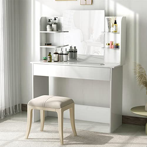 HUMNZR Schublade und 4 Ablagefächer, Frisiertisch mit Schrank, Kosmetiktisch aus Holz in Weiß, Geschenk für Damen und Mädchen(Stuhl Nicht enthalten)