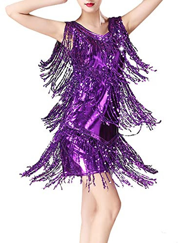 HAHAEMMA Abito da ballo da donna con nappe anni '20s con paillettes Rumba Dancewear Tango Latino Vestito Glitter Party Cocktail Abito da sera Ballroon Performance, viola., L