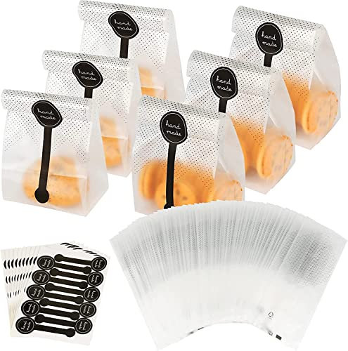 Sterneer 100 Pcs Sacs à Biscuits en Plastique Translucides Avec Autocollants, D'emballage pour Desserts en Cellophane, Bonbons, Boulangerie et Pâtisserie