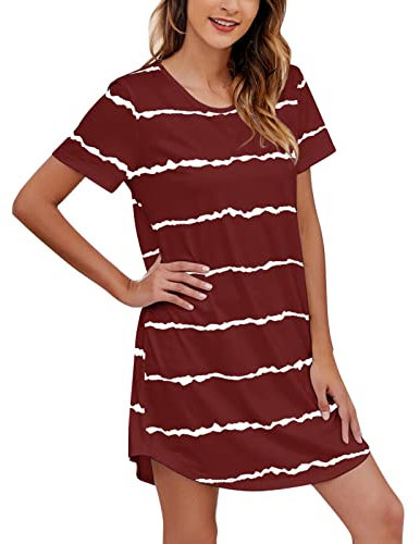 Robe de nuit pour femme - Manches courtes - Pyjama d'été à rayures - Chemise de nuit élégante - T-shirt de nuit d'allaitement doux - Robe de nuit courte - Pyjama - Robe de nuit, Bordeaux, L