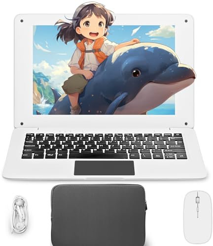 aichiw Mini Ordenador Portátil 10.1 Pulgadas, Ordenador Portátil con CPU 2GB RAM 64GB eMMC, Funda para Portátil, Ratón Inalámbrico, Mini Portátil con Win 10 (Blanco-Teclado Español)