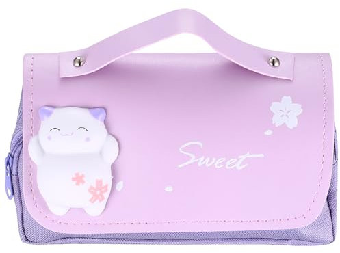 qiwuhai Estuche de Tres Compartimentos para niñas, Estuche Grande para lápices, Estuche portátil con Lindos Gatitos, Regalo Escolar para niñas, Mujeres y Adolescentes (Púrpura)