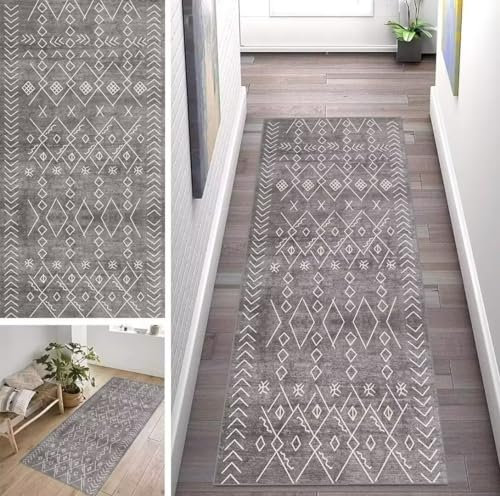 ZUZEKU Marokko Läufer Flur Küche Waschbar rutschfest 60X350cm Geometrisches Vintage Muster Grau Lang Küchenteppich Flurteppich Teppich Fur Korridor Wohnzimmer Schlafzimmer Meterware Anpassbar