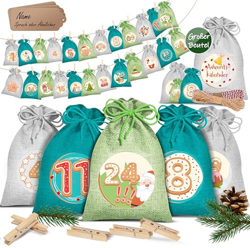 KESSER® Adventskalender zum Befüllen 24 Jutebeutel 20 x 12 cm Gedruckte Stoffbeutel Kinder Weihnachtskalender zum Selber Befüllen Inkl.. 24x Schildchen + 1 Großer Aufbewahrungsbeutel Stoff