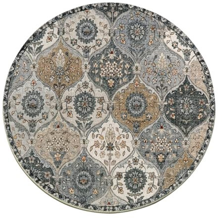 kyaoayo Runder Vintage Boho Teppich - Waschbar, Kurzflor, rutschfest für Esszimmer Schlafzimmer - In & Outdoor Modern Mandala Bedruckt (Grau, Durchmesser 120CM)